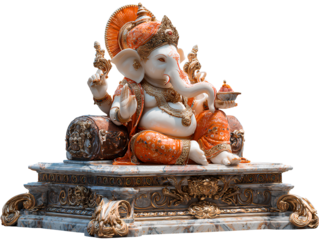 Angled Side View of Lord Ganesha Idol with Orange Crown and Decorative Base, Isolated on Transparent Background