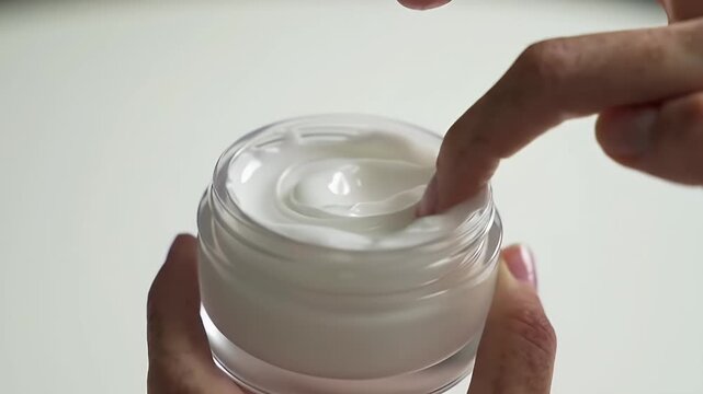 Gentle Touch on Smooth White Cream Skincare Texture in Clear Glass Jar Against Clean White Background for Beauty Cosmetic Product Promotion and Hydration Concept, Self-Care and Indulgence