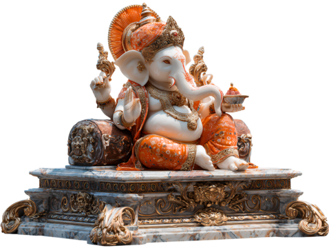 Angled Side View of Lord Ganesha Idol with Orange Crown and Decorative Base, Isolated on Transparent Background