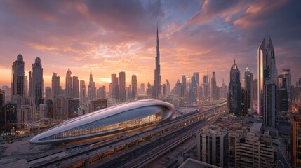 City skyline at sunset with modern architecture