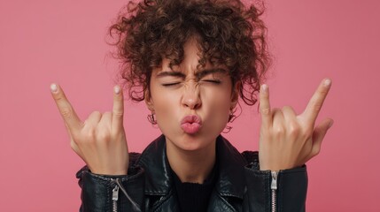 close up shot of sassy self confident curly haired woman makes rock n roll sign gestures actively enjoys heavy metal frowns face rocking indoor isolated over pink background body language concept no 