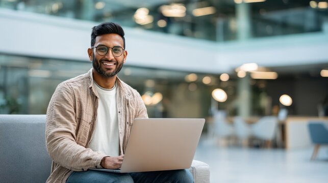 smiling indian businessman working on laptop in modern office lobby space young indian student using computer remote studying watching online webinar zoom virtual training on video call meeting no lo