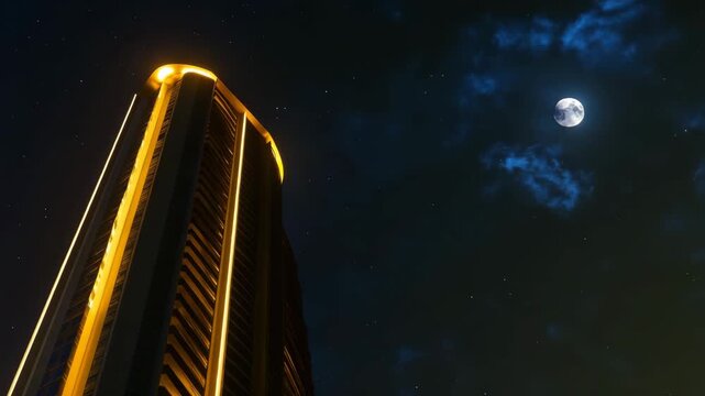 Night city skyscraper building architecture highrise tower illuminated lights urban skyline modern real estate moon sky stars nightscape downtown metropolis 4K
