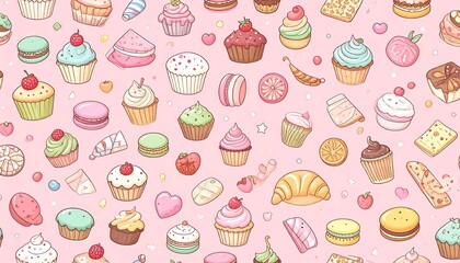 Sweet treats pattern with various desserts.