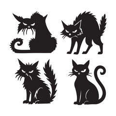 Vector art of four black cats, each with a distinct pose and expression, evoking a sense of mystery and feline charm