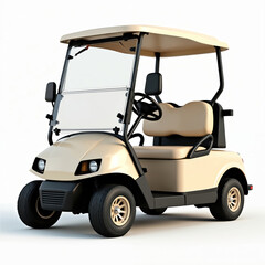 Beige golf cart with light beige top and seats features clear windshield, mirrors, black accents. This electric vehicle offers convenient personal mobility for tours, resorts, or estates.
