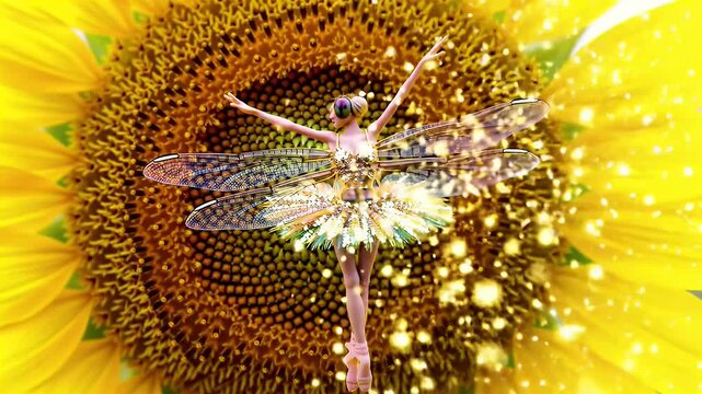 Ballet Dancer in Elegant Yellow Tutu Posing Before Giant Sunflower with Bokeh Effects