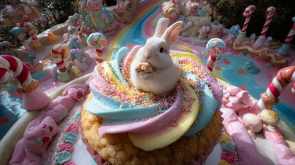 Bunny in Fantasy Cupcake with Rainbow Swirl
