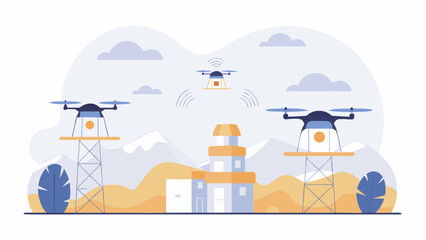 Fototapeta premium Illustration of three drones in a landscape with a building and communication towers in the background