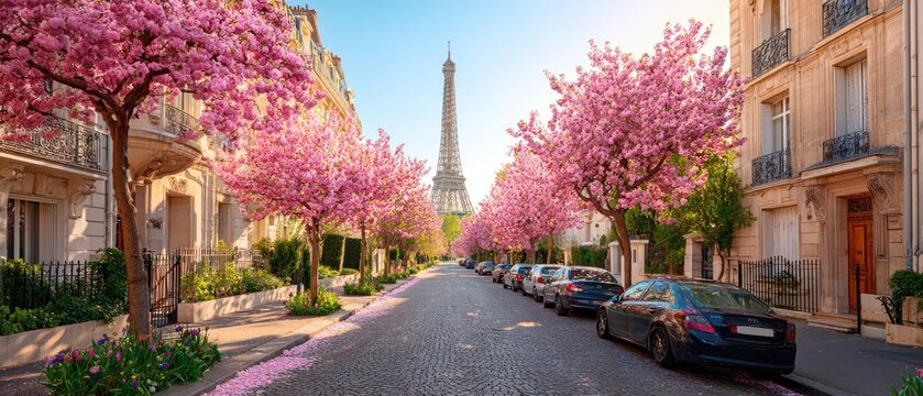 Parisian street lined with blossoming cherry trees, Eiffel Tower in the background
