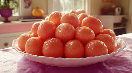 Pile of Oranges in a White Bowl with Soft Sunlight and Texture