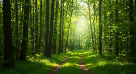 Obraz premium An enchanting nature trail with rays of light and tall trees