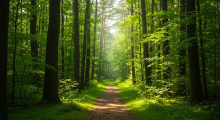 Fototapeta premium A path through a sunlit, green forest with tall trees