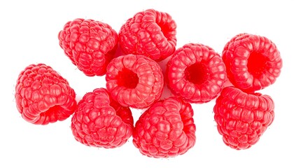Fresh raspberries arranged in a vibrant display against a plain white background.