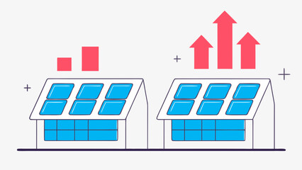 Two houses with solar panels and rising bar graphs indicating growth and positive trends in renewable energy