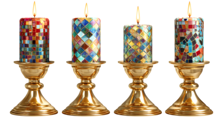 Mosaic Candles on Golden Holders, isolated on transparent background