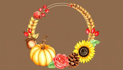 A warm autumnal wreath design, featuring vibrant fall colors and a circular arrangement of wheat, sunflowers, pumpkins, roses, acorns, and berries.