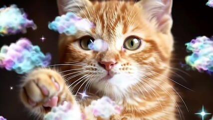 Close Up of an Adorable Orange Kitten with Playful Paws and Dreamlike Magic Effects