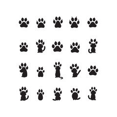 "Cat paw and dog paw silhouette vector set – minimal pet footprint graphics for logo, emblem, and decorative art."