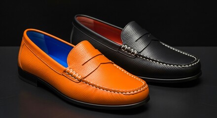 Chic leather loafers, orange and black, for stylish modern appeal