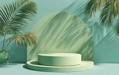 Obraz premium Pastel green podium, tropical leaves, soft shadows