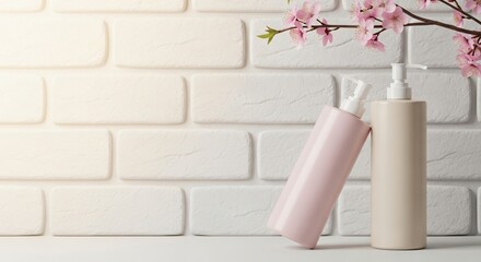 Elegant skincare bottles with cherry blossoms on brick background
