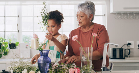 Grandmother, child and flowers in kitchen for learning botany, help and bonding with family. Grandma, girl and plants in home for healthy growth, decoration or teaching floral care for hobby together