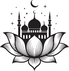 Elegant Mosque Silhouette on Lotus Flower with Crescent Moon and Stars Islamic Art with Spiritual Symbolism and Cultural Significance
