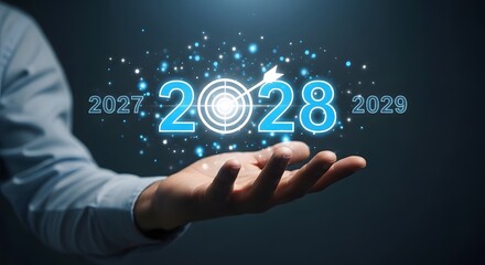 A hand holding the year 2028 with a bullseye target and the years 2027 and 2029 around it