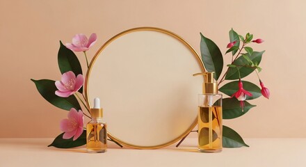 Elegant beauty products with flowers and gold mirror frame