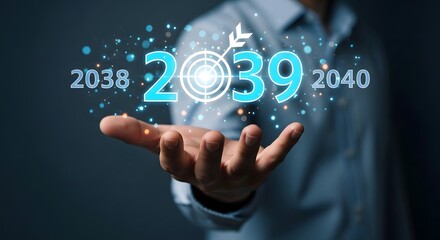 A man holding the years 2038, 2039 with a target, and 2040 with glowing particles around them