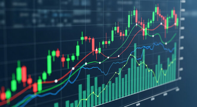 Candlestick chart with green and red bars, showing price fluctuations over time, against a dark background