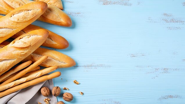 Freshly baked golden baguettes and crunchy breadsticks on a vibrant light blue wooden surface