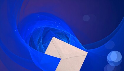 A light beige envelope rests amidst flowing, vibrant blue abstract shapes.