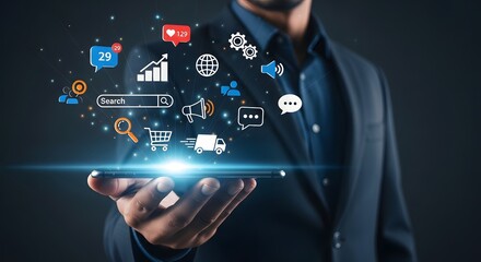 A person holding a phone with social media and marketing icons floating above the device screen