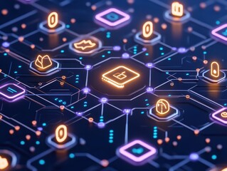 Obraz premium Abstract circuit board design with glowing icons