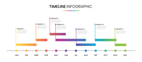 Timeline diagram project calendar infographic template 12 months or 1 year with gantt chart. Presentation monthly project plan template
