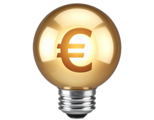 Top-Down Perspective of Golden Lightbulb with Pound Sign, Isolated Transparent Background.