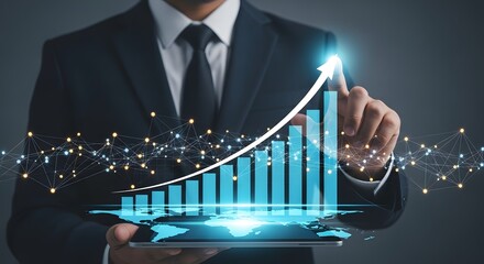Businessman in suit pointing at glowing upward trend chart on digital world map display screen