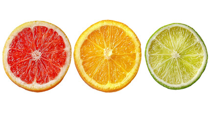 Flat lay of citrus fruit slices including orange lemon lime and grapefruit on transparent background