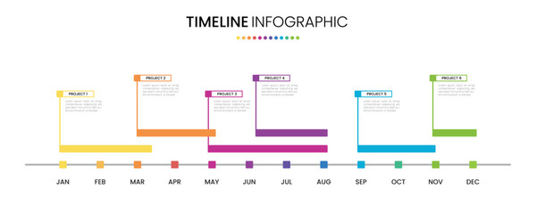 Timeline diagram project calendar infographic template 12 months or 1 year with gantt chart. Presentation monthly project plan template