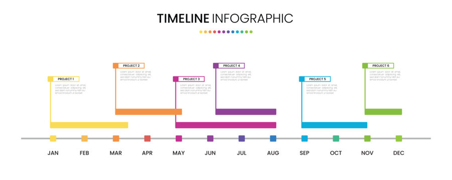 Timeline diagram project calendar infographic template 12 months or 1 year with gantt chart. Presentation monthly project plan template