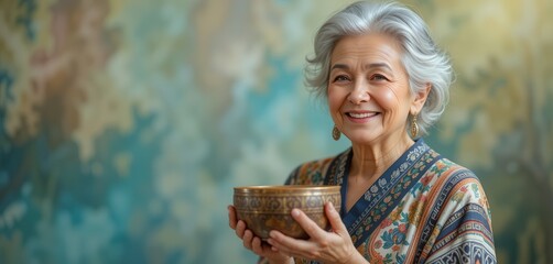Close up Aging woman smiling happily while holding a buddha bowl