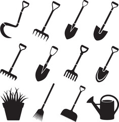 Garden tool silhouettes including shovels rakes watering can and potted plant vector illustration