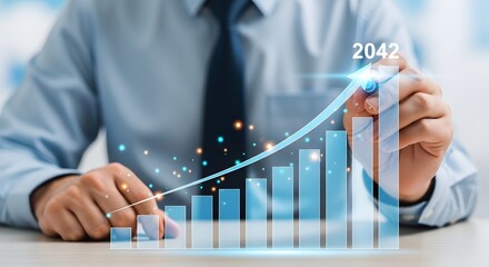 Man in shirt drawing upward trending bar graph with arrow pointing to the year twenty forty two