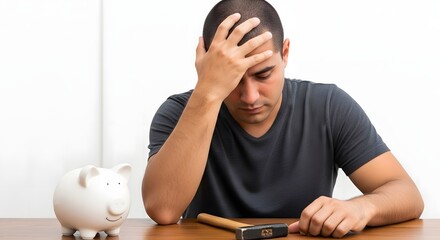 Man with hand on head looking at piggy bank and hammer on table expressing financial stress
