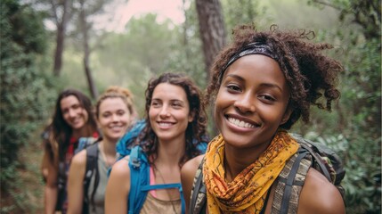 Fototapeta premium multiracial women having fun during trekking day in mountain forest main focus on african female backpack no logos no brands ar 169