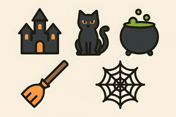 Fototapeta premium Minimal Flat Halloween Icons Set – Haunted House, Black Cat, Cauldron