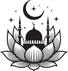 mosque, silhouette, lotus, flower, islamic, religious, crescent moon, stars, monochrome, design, architecture, illustration, islam, floral, geometric, symbol, vector, art, drawing, decoration, ornamen