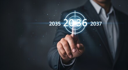 Fototapeta premium A man in suit pointing at a target with the year 2036 highlighted in a futuristic interface